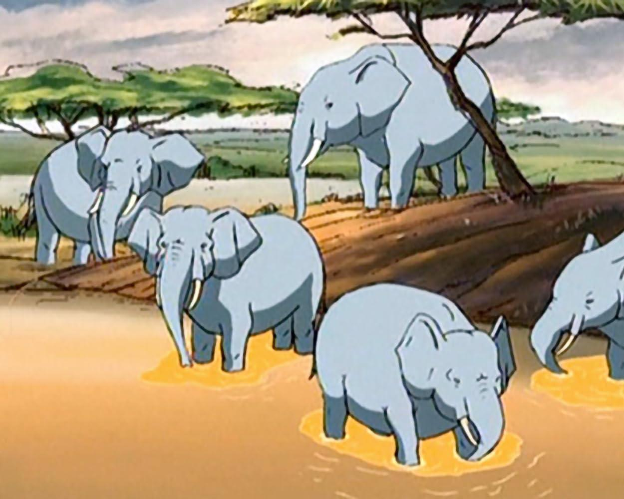 Mehrere graue Elefanten stehen im Wasser unter Bäumen in einer Savanne.