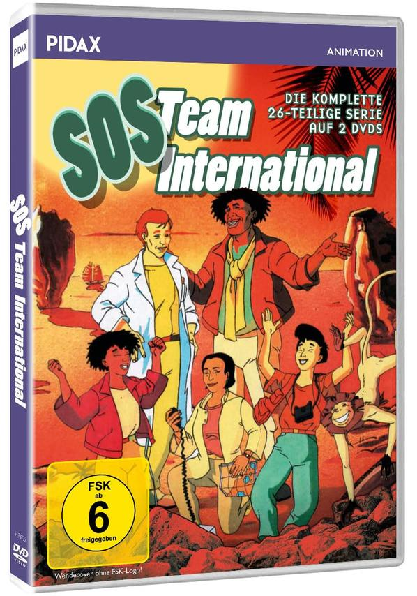 DVD-Cover mit Zeichentrickfiguren in tropischer Umgebung, Titel "SOS Team International".