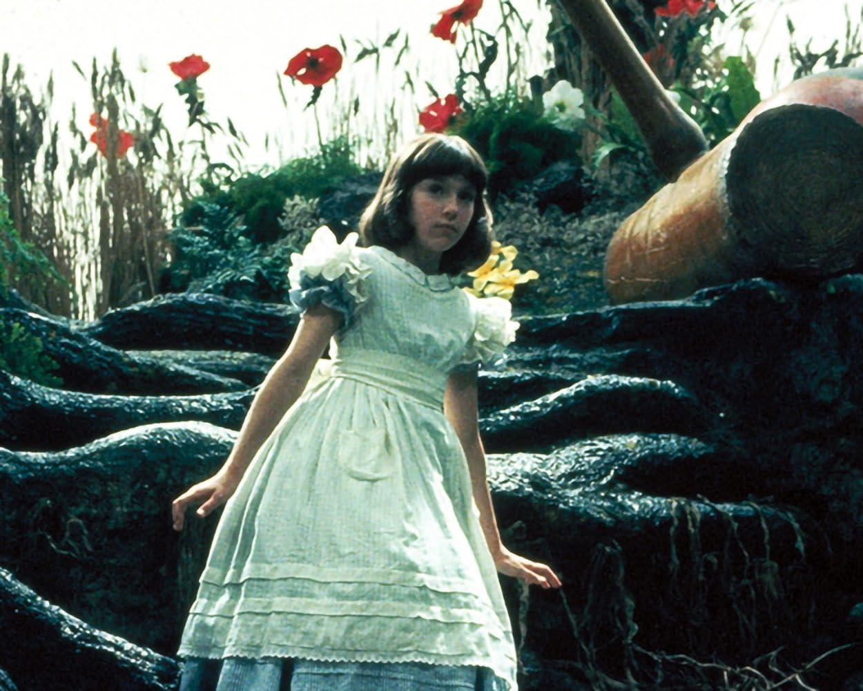 Ein Mädchen in einem hellgrünen Kleid steht auf einem dunklen, felsigen Pfad mit roten Blumen.