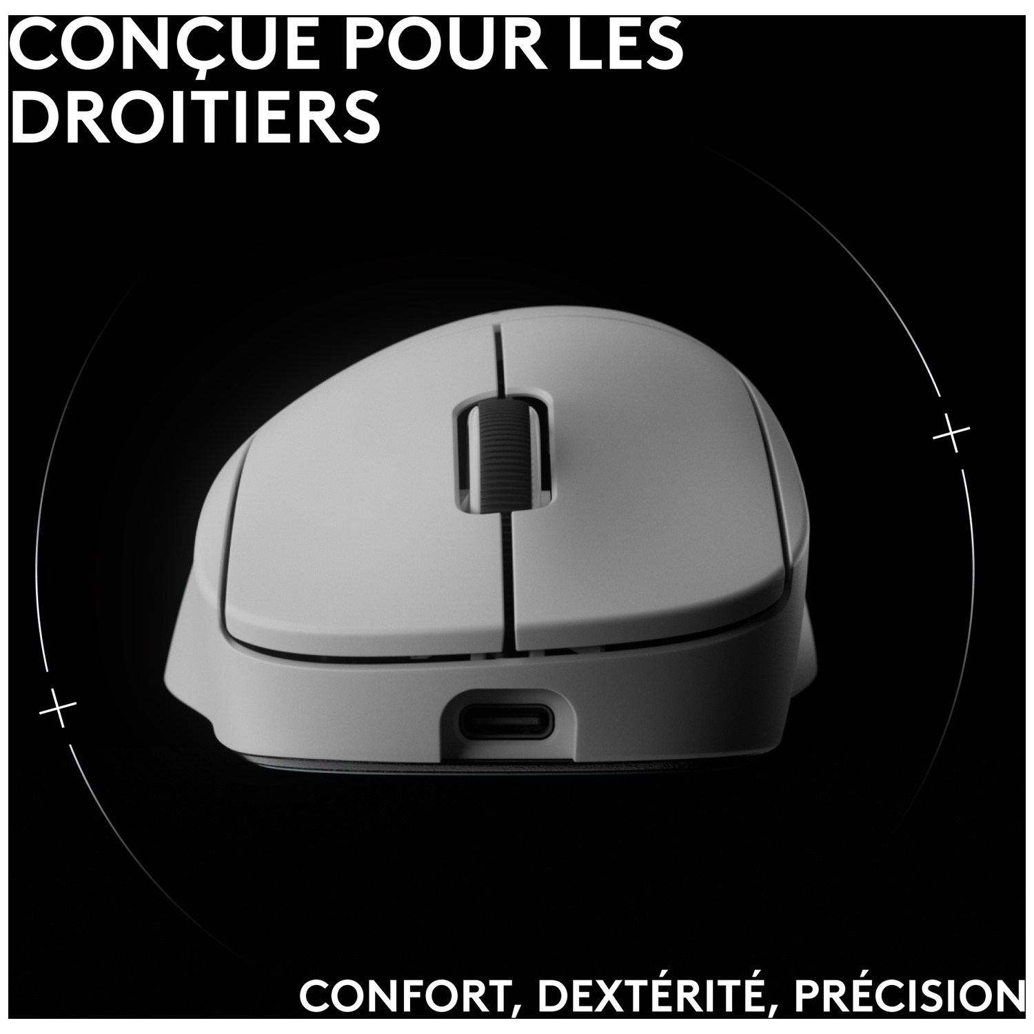 Une souris blanche pour droitier avec port USB-C et molette.