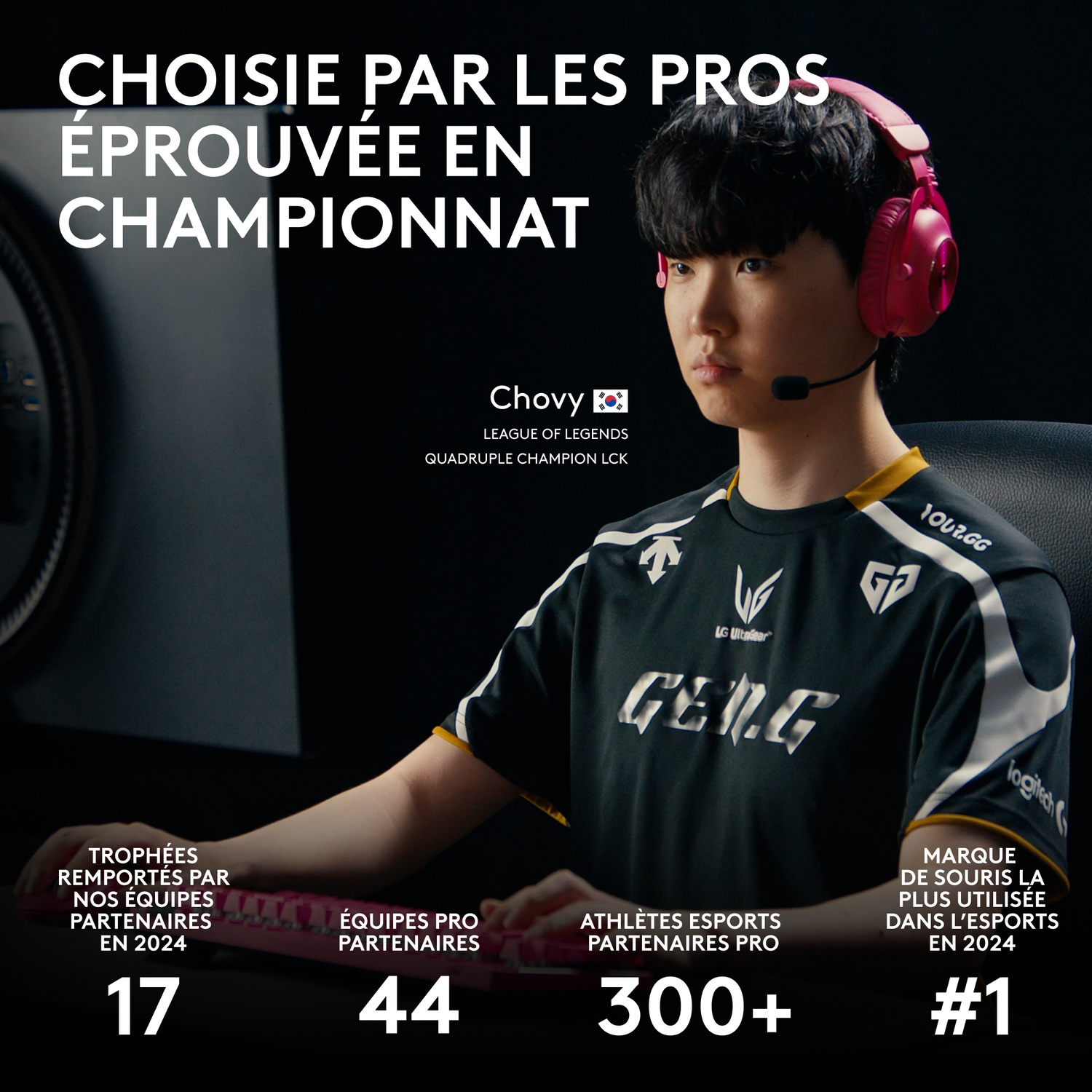 Joueur e-sport Chovy avec casque, porte un maillot "Gen.G". Statistiques affichées.