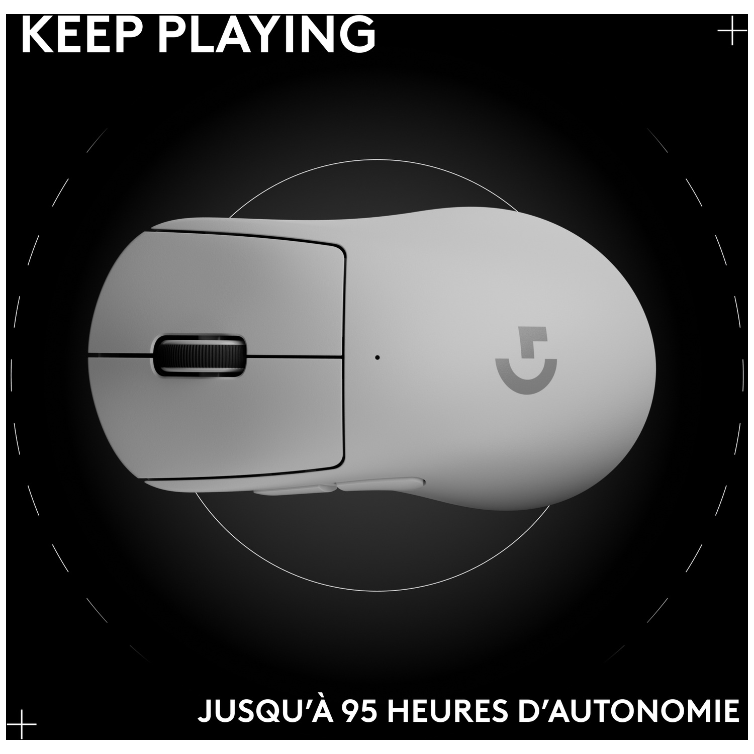 Souris sans fil Logitech grise avec molette et logo sur fond noir.