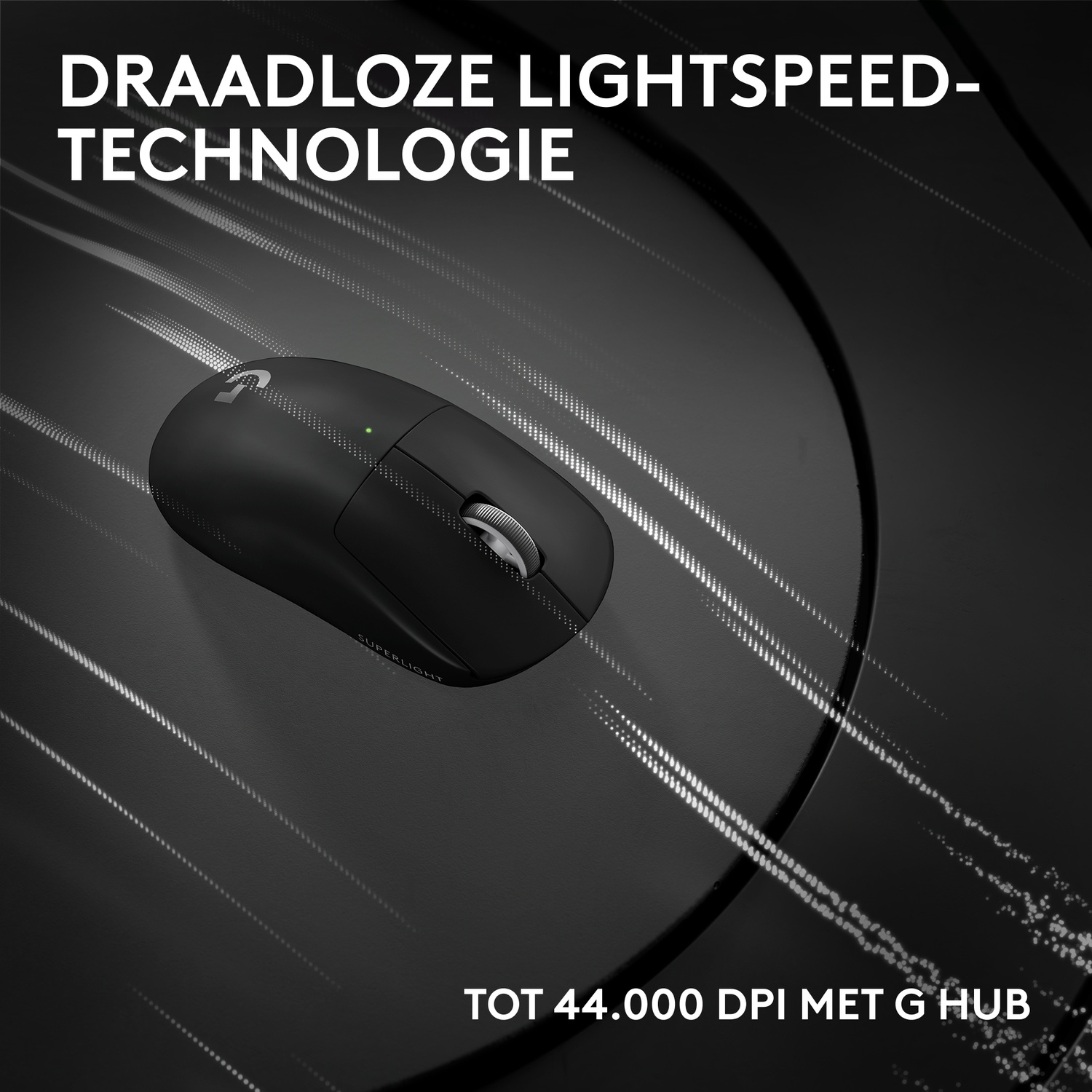 Black wireless mouse with scroll wheel and green LED on a dark background.