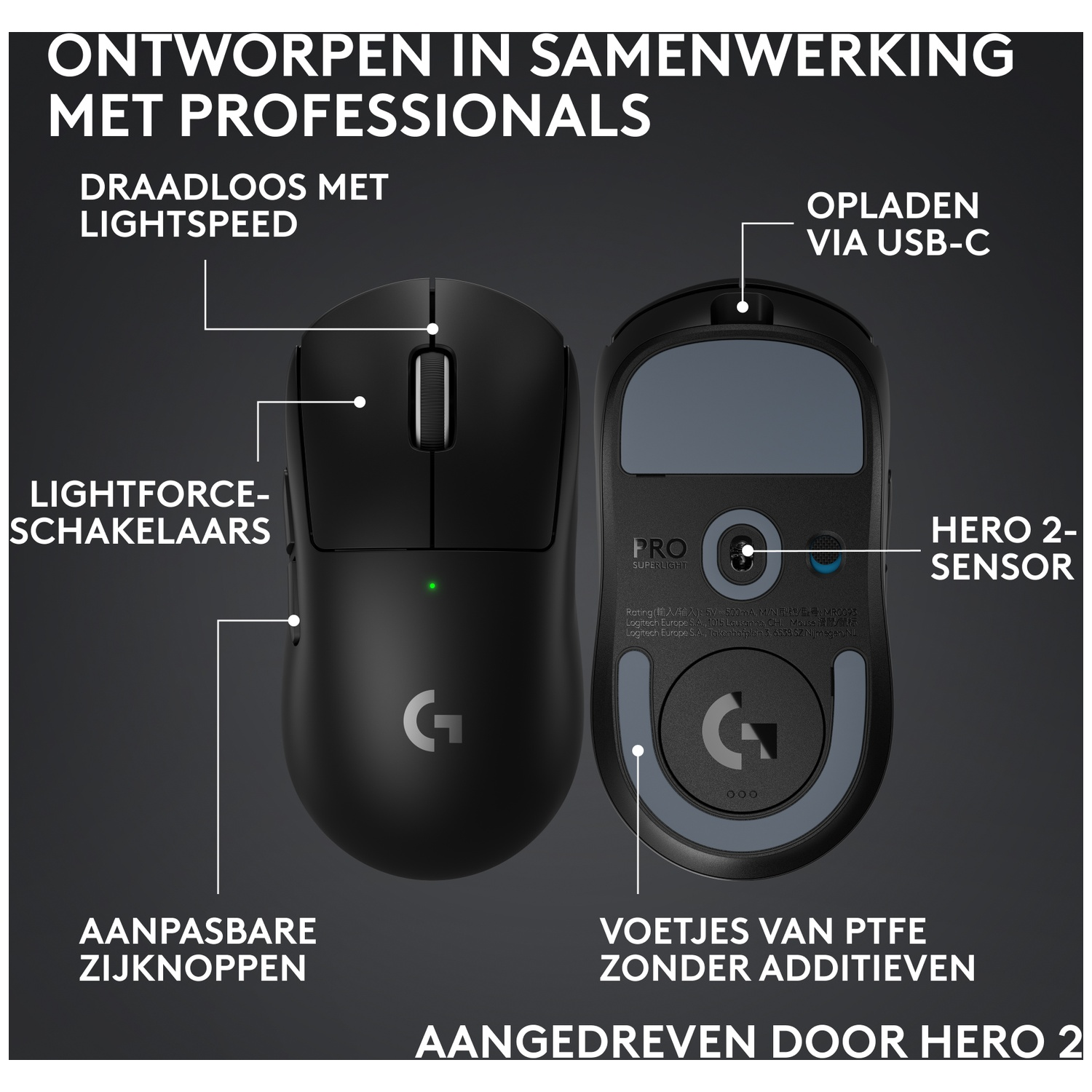 Black Logitech mouse showing features: Lightspeed, USB-C charging, and Hero 2 sensor.