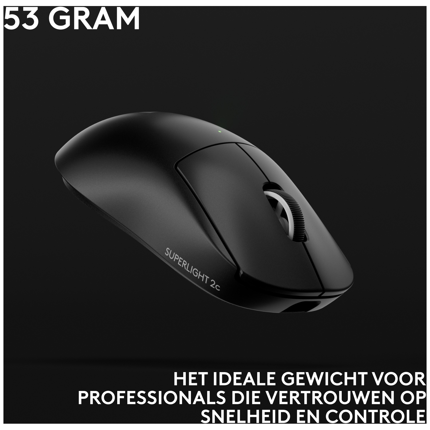 Black wireless mouse with scroll wheel, labeled "Superlight 2c". Weighs 53 grams.