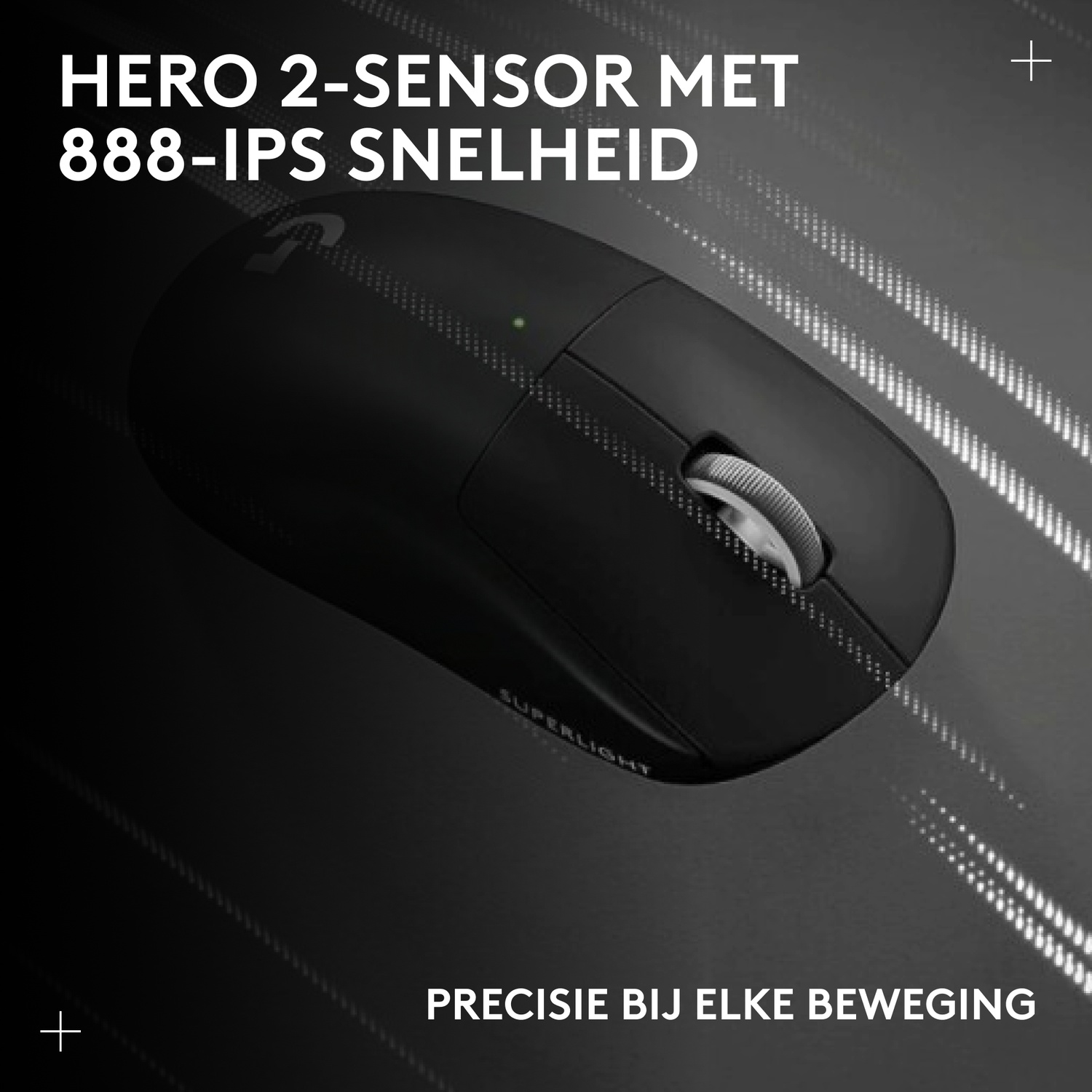 Black wireless mouse with HERO 2 sensor and scroll wheel.