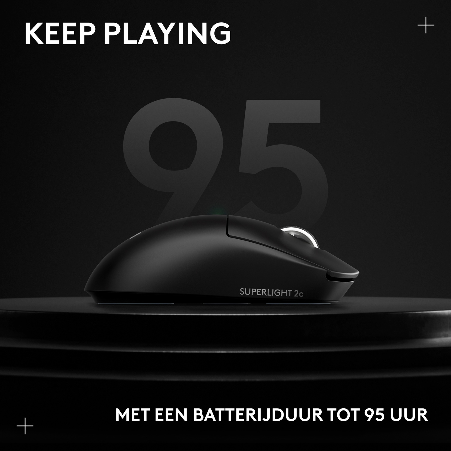 Black gaming mouse with 95 hours battery life on a dark podium.