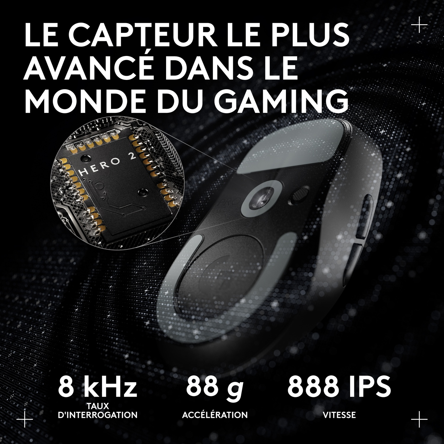 Capteur de souris gaming noir avec texte "HERO 2" et spécifications.