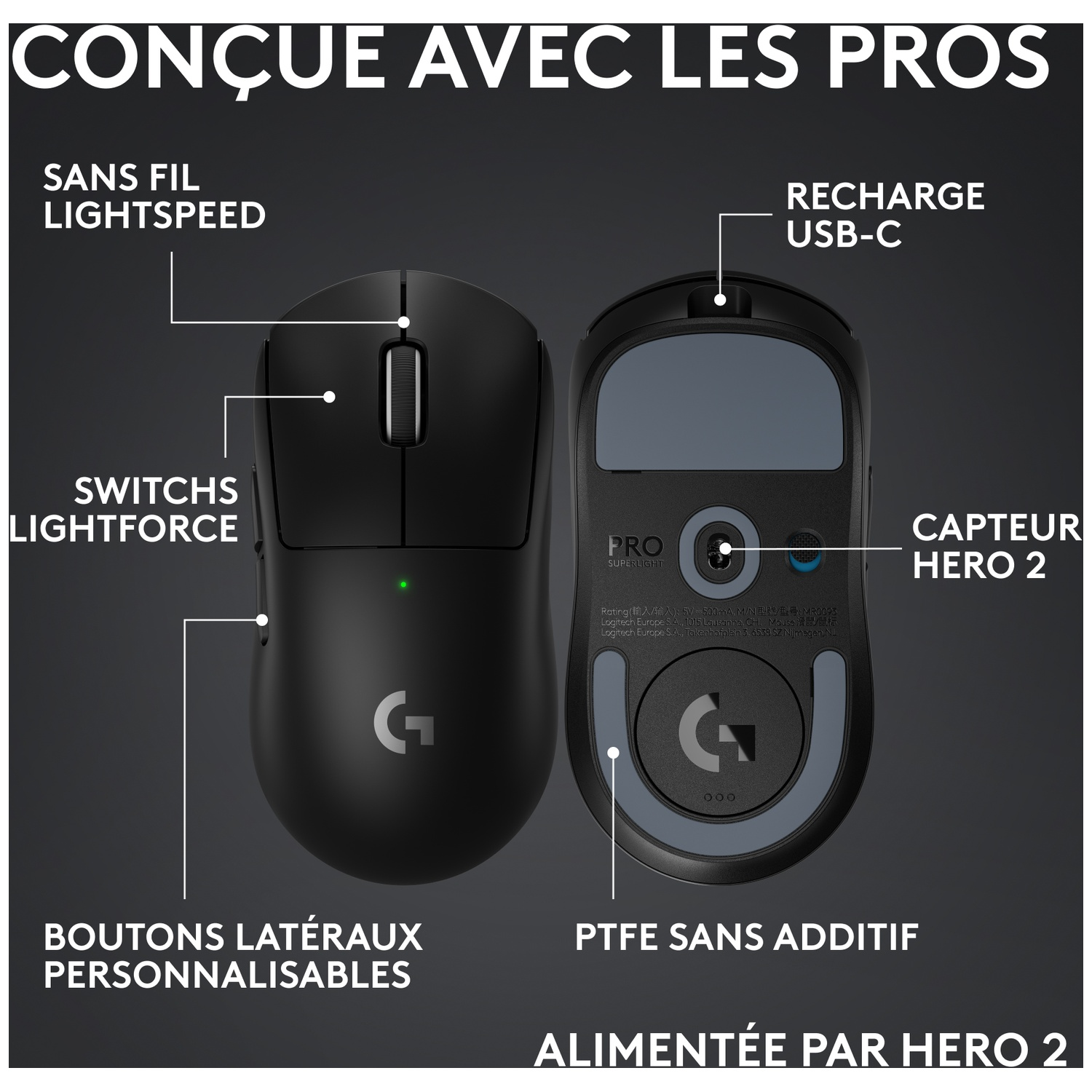 Souris gaming noire avec étiquettes : sans fil, USB-C, capteur HERO 2.