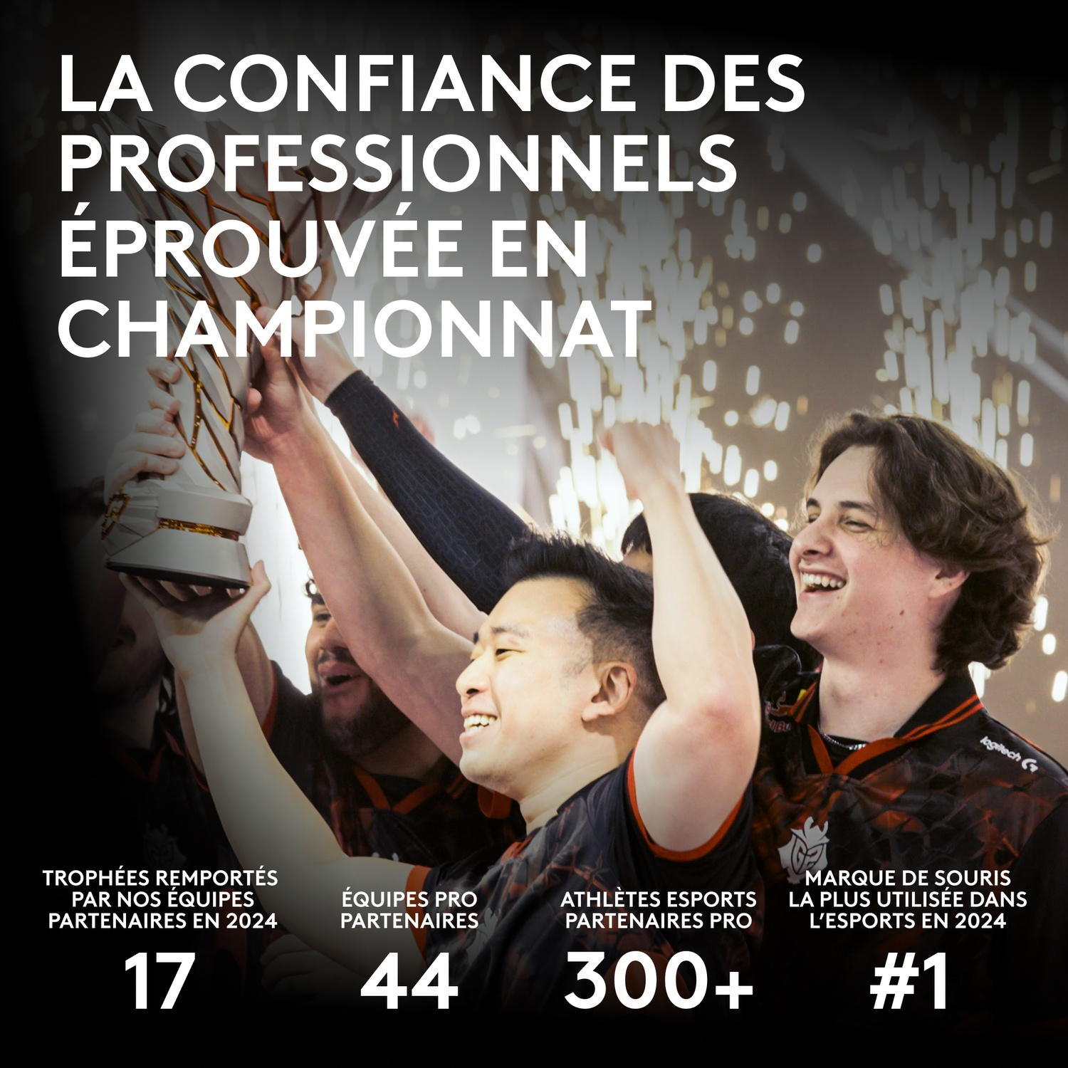 Des joueurs d'e-sport célèbrent une victoire avec un trophée, avec des statistiques sur les trophées, équipes et joueurs.