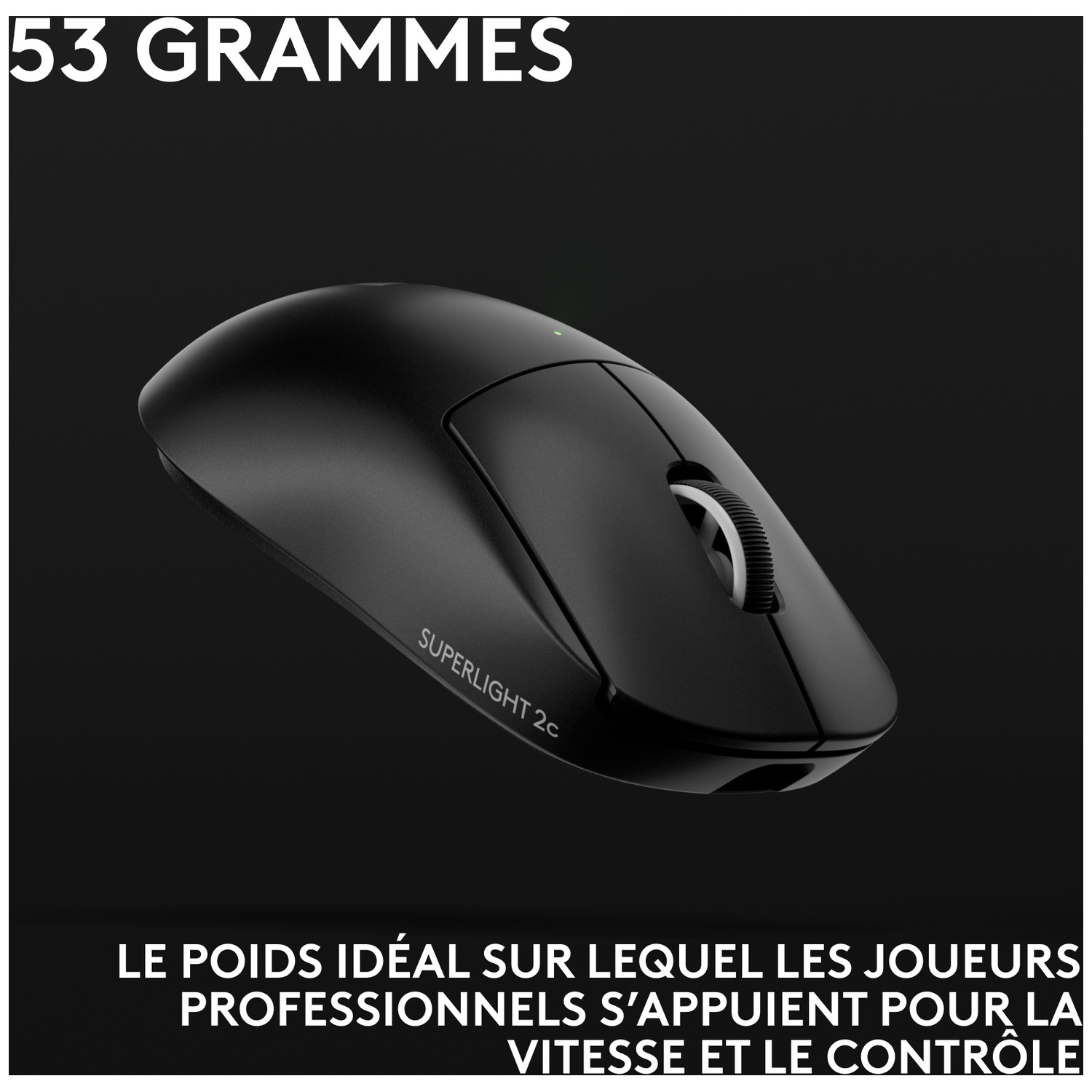 Souris sans fil noire avec molette et lumière verte. 53 grammes.