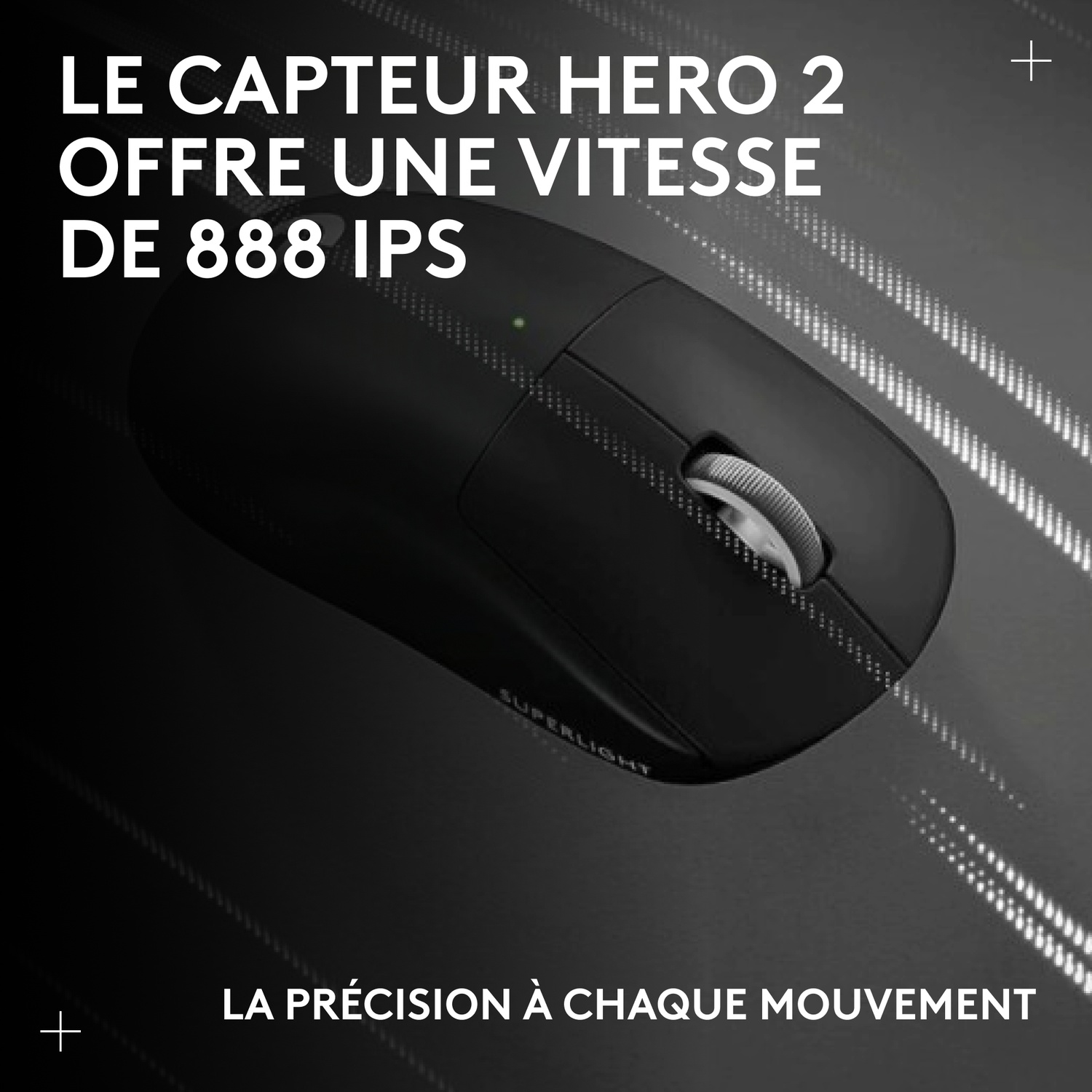 Souris gaming noire avec texte et lumières indiquant la vitesse.