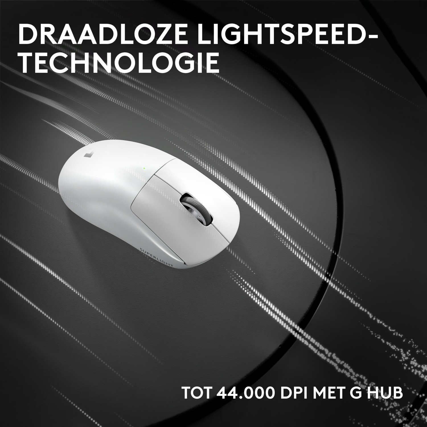 A white wireless mouse with a scroll wheel on a black background.