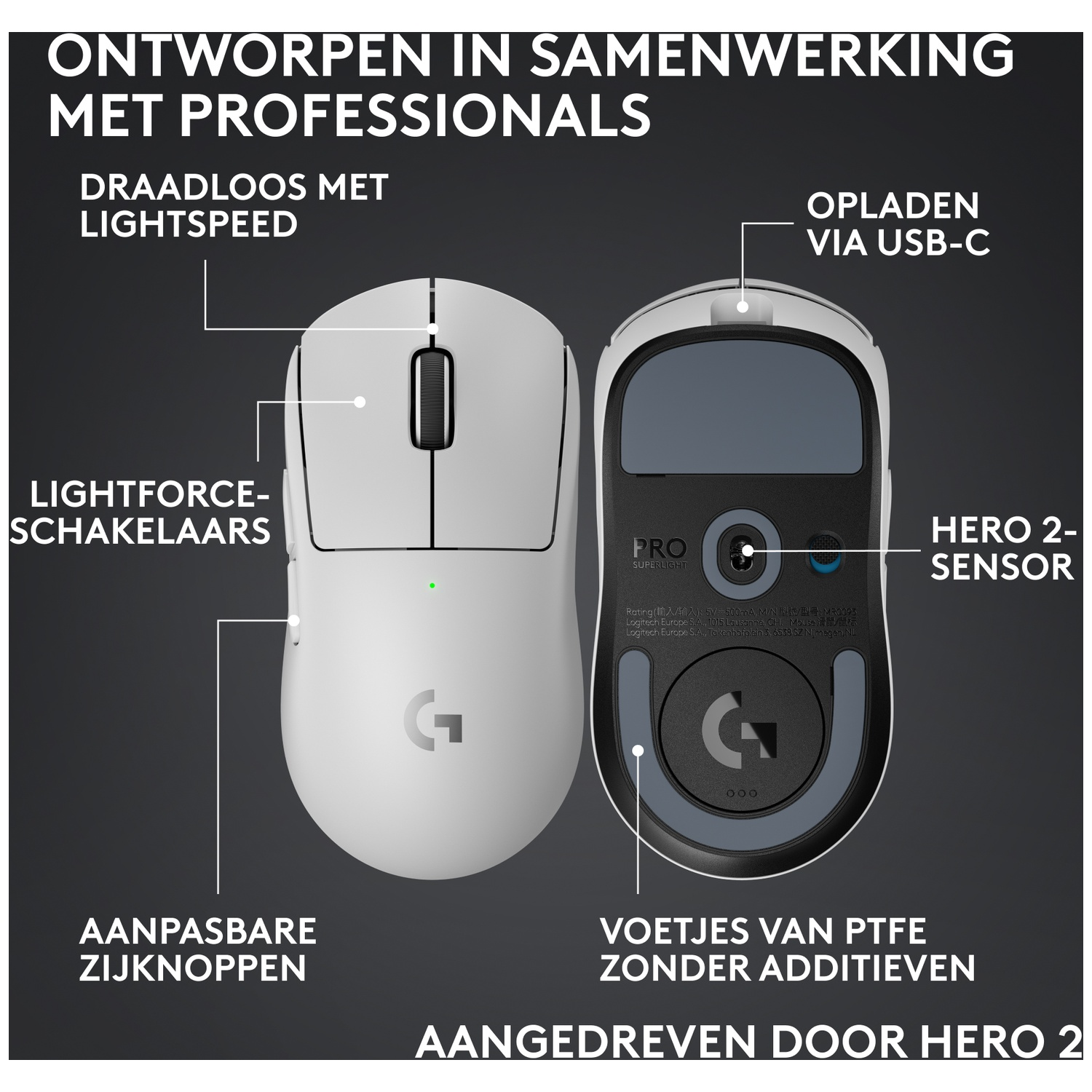 White gaming mouse with labels for features like Lightspeed, USB-C, switches, and sensor.