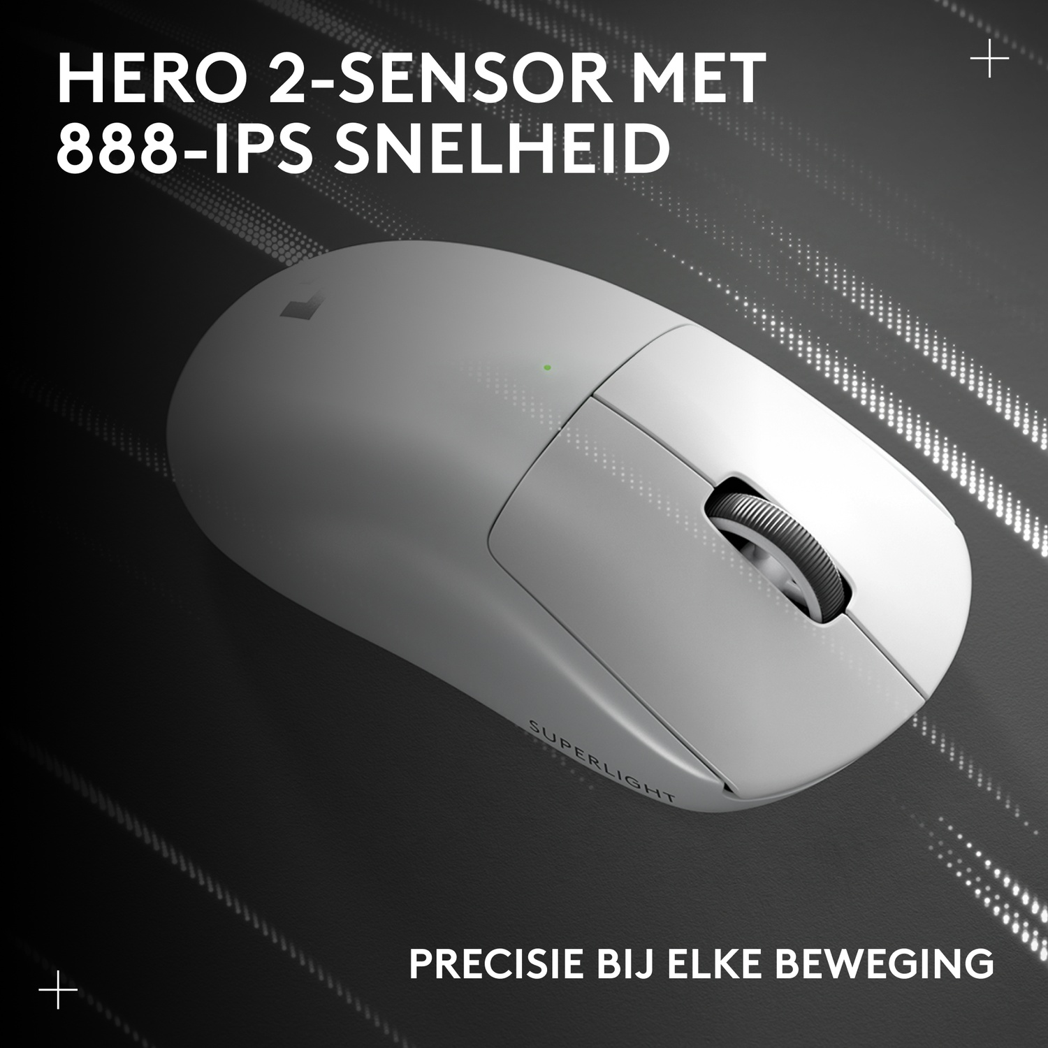 A white gaming mouse with a scroll wheel and green light on a dark background.