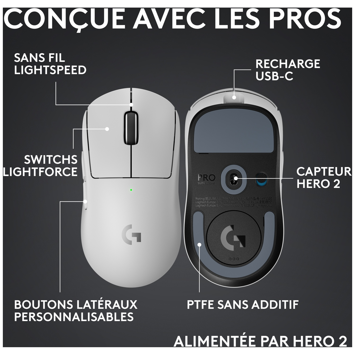 Souris gaming blanche mettant en avant les fonctionnalités comme la technologie LIGHTSPEED.