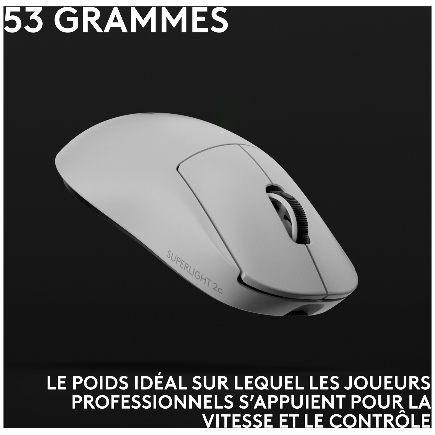 Souris de jeu blanche légère avec molette sur fond noir.