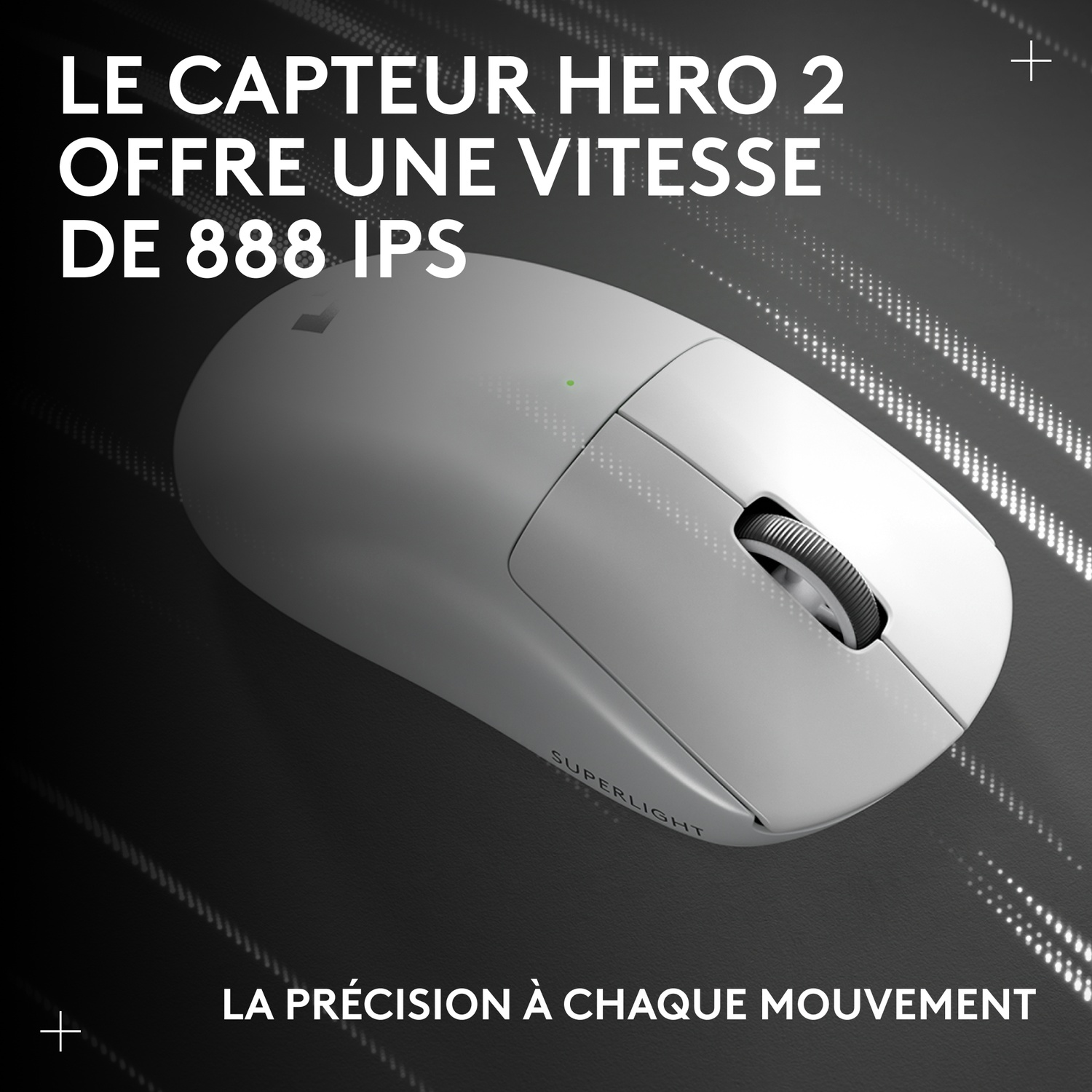 Une souris gaming blanche "Superlight" avec molette, sur fond sombre.