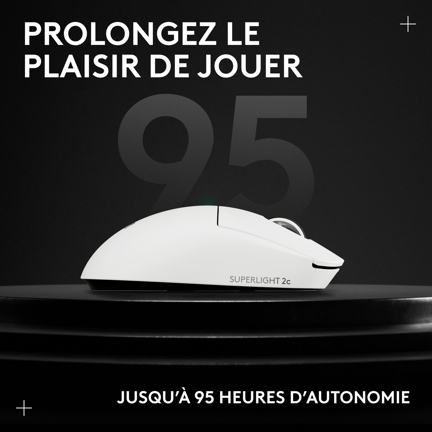 Souris blanche gaming avec texte SUPERLIGHT 2c sur fond noir.