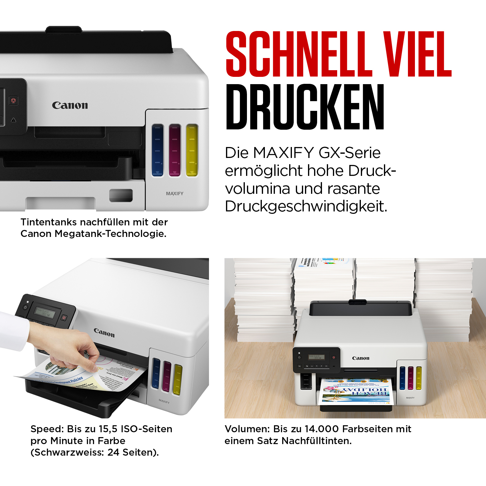 Canon MAXIFY Drucker mit bunten Tintenbehältern und Text.