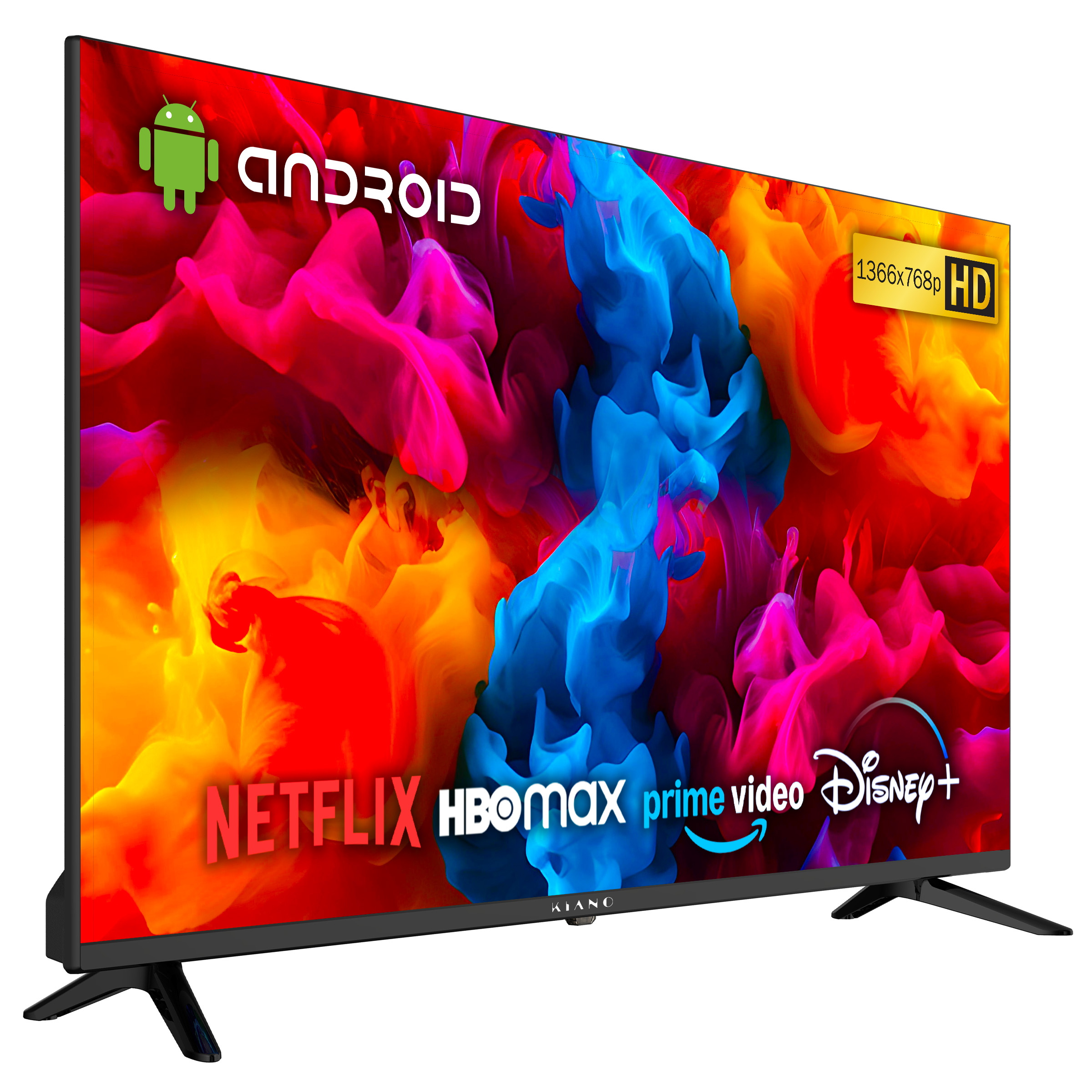 Telewizor z logo Android, kolorową grafiką dymu i logotypami serwisów streamingowych.