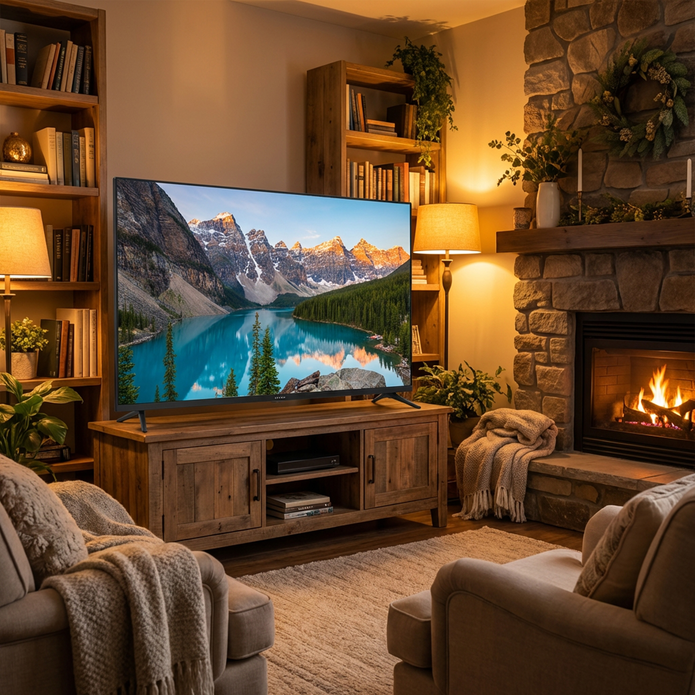 Przytulny salon z kominkiem, telewizorem, regałami i fotelami.