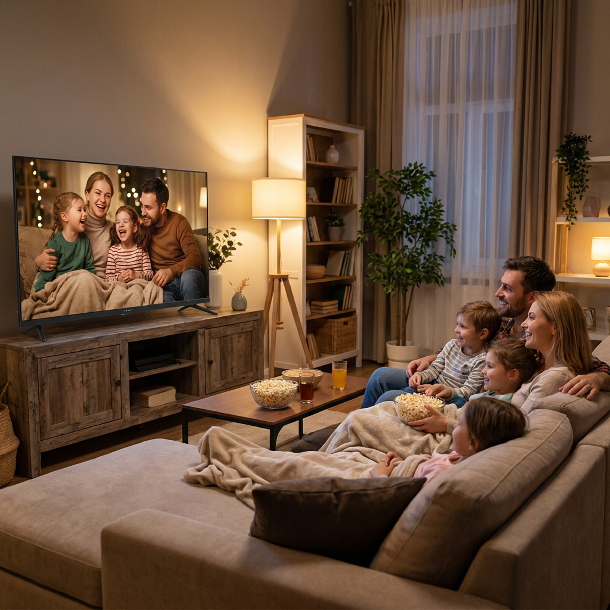 Rodzina je popcorn i ogląda telewizję w salonie.