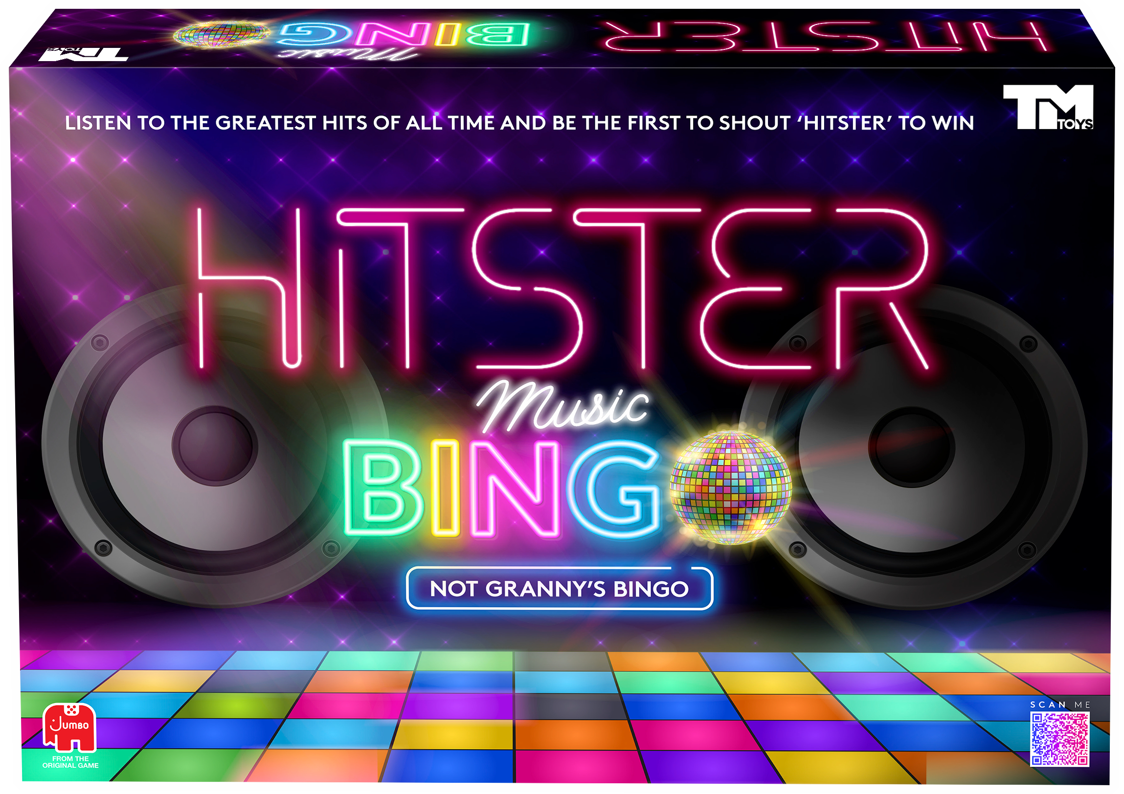 Neon HITSTER MUSIC BINGO felirat hangszórókkal, diszkógömbbel és táncparkettel.
