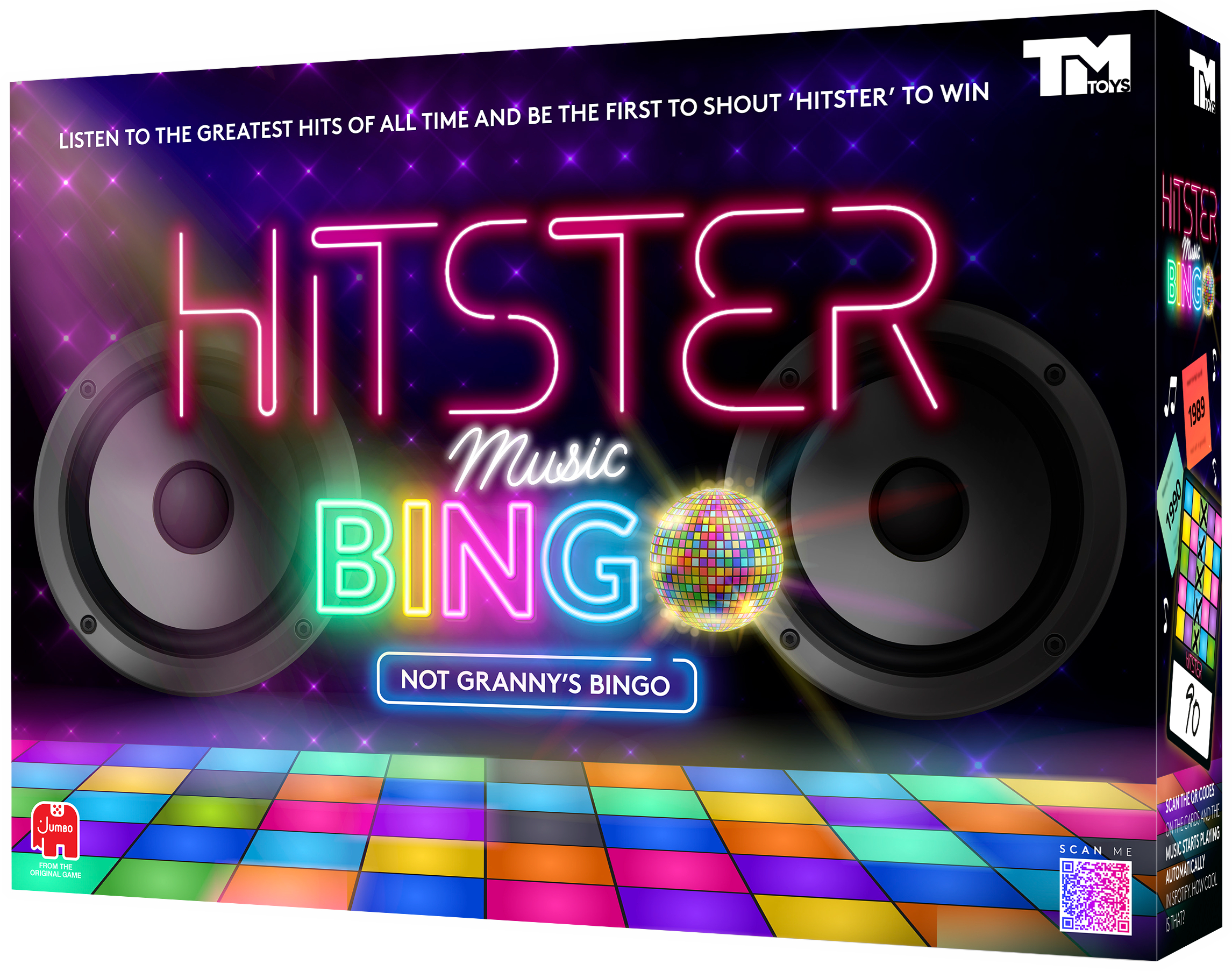 Hitster Music Bingo játékkártya fényekkel, hangszórókkal és diszkógömbbel.