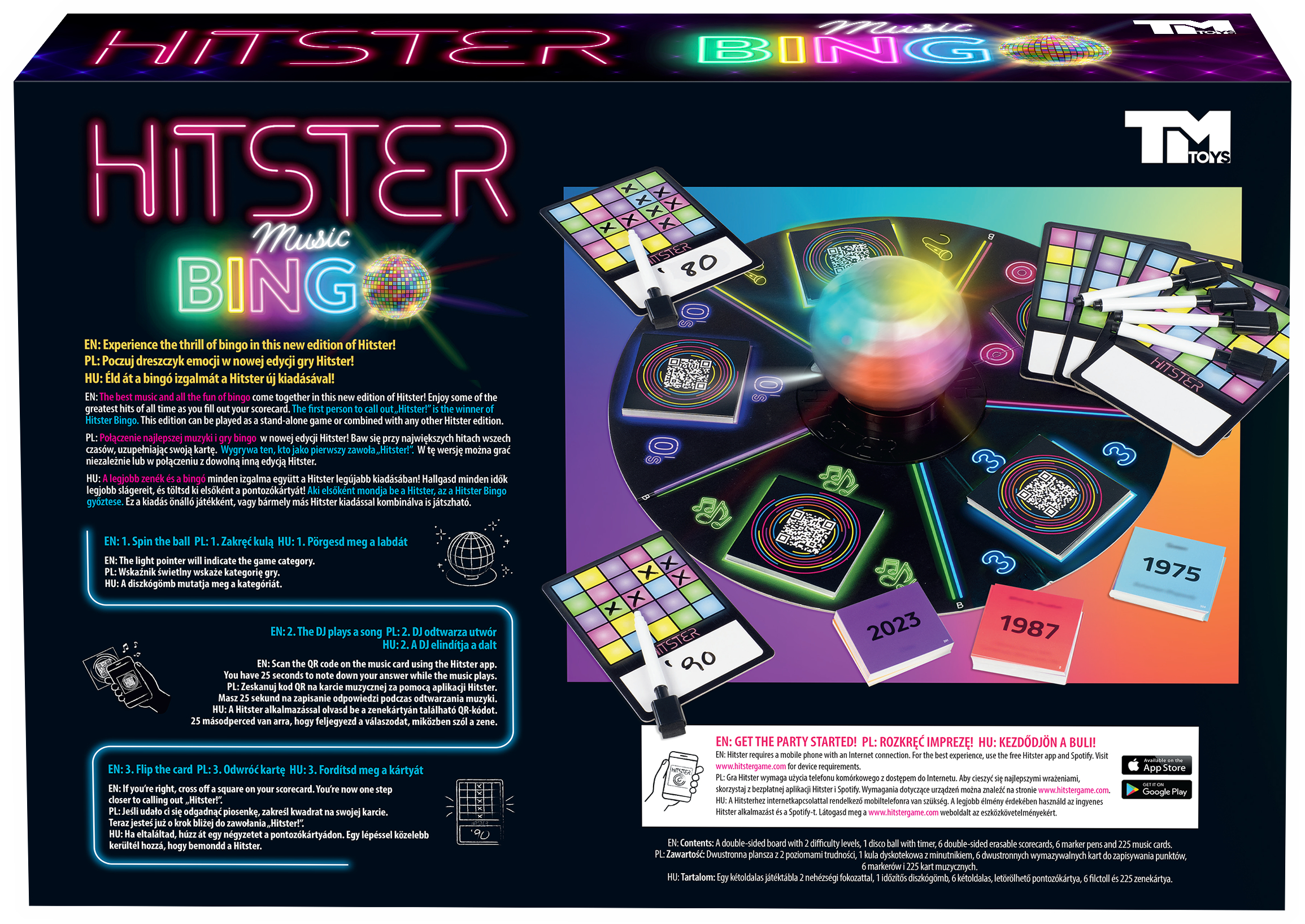 Hitster Music Bingo játéktábla zenés CD-kkel, kártyákkal és tollakkal.