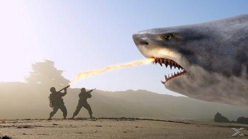 Zwei Soldaten feuern auf einen Hai, der Flammen ausspuckt.