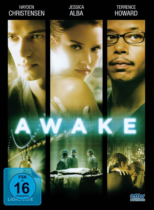 Filmplakat mit Hayden Christensen, Jessica Alba und Terrence Howard. Titel AWAKE.
