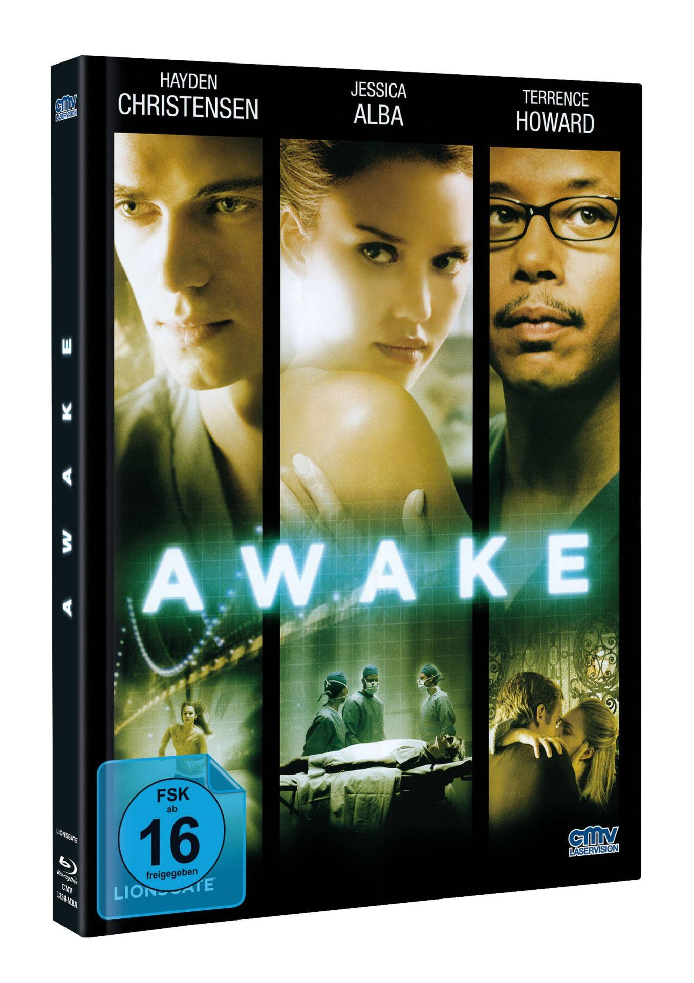 Filmplakat: Gesichter von Christensen, Alba, Howard. Titel 'AWAKE'. Szenen aus dem Film.