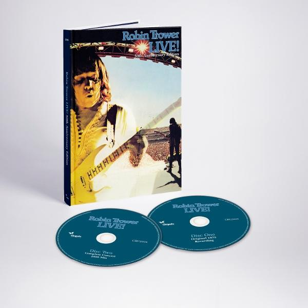 Robin Trower LIVE! Buch mit zwei CDs. Cover zeigt Gitarristen.