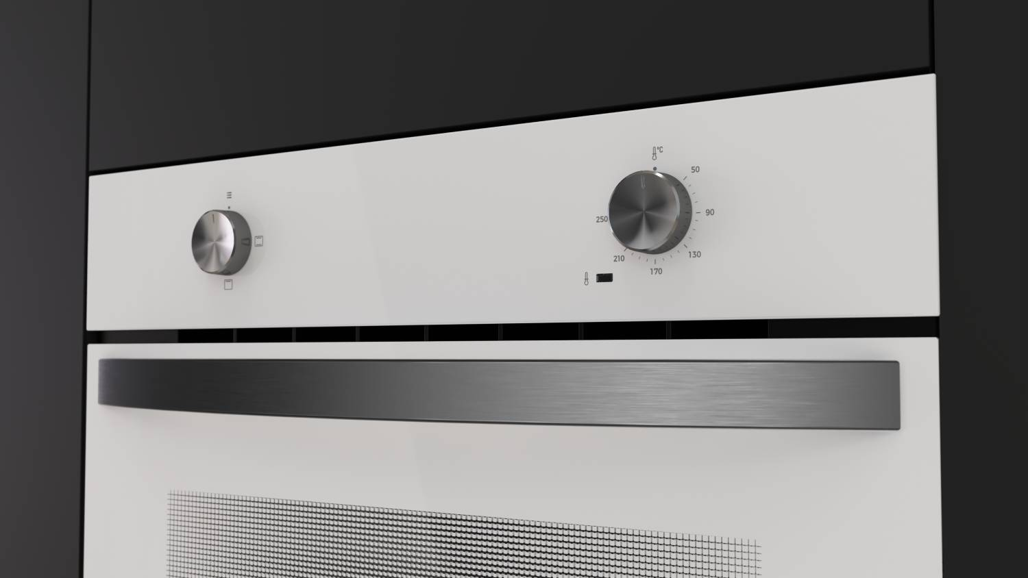 Un horno blanco con mandos plateados y un asa metálica.