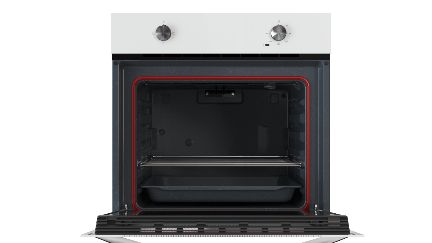 Un horno blanco abierto con mandos plateados y junta roja.