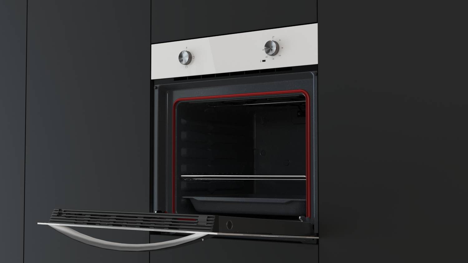 Un horno empotrado moderno con la puerta abierta y una rejilla dentro.