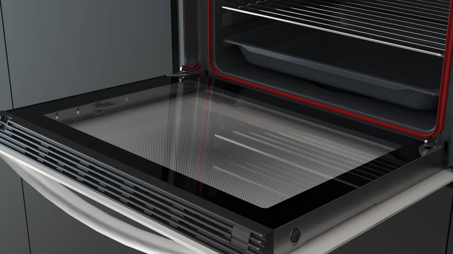 Un horno moderno abierto con puerta de cristal y bandejas dentro.