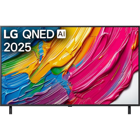 Telewizor LG QNED AI 2025 z kolorowymi abstrakcyjnymi pociągnięciami pędzla.