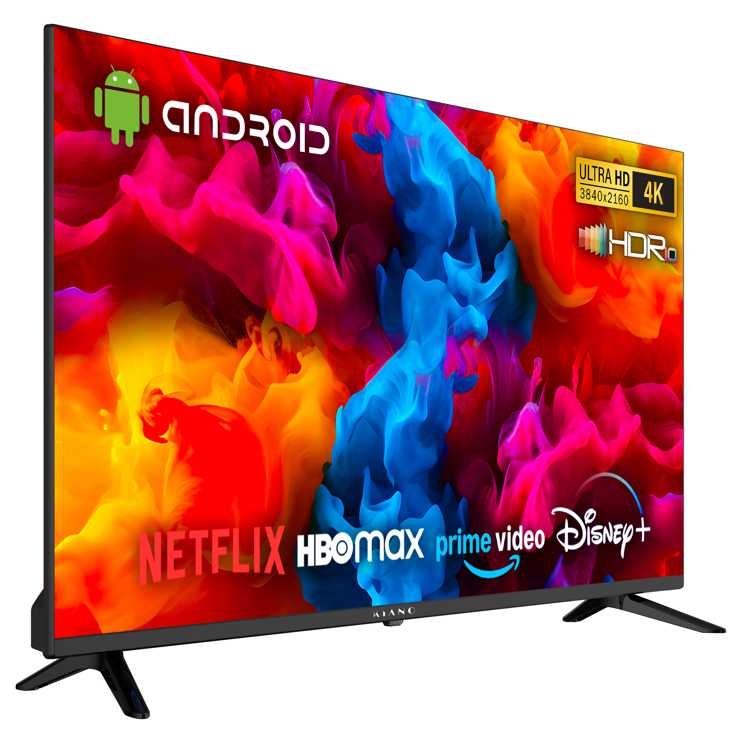 Telewizor Android z rozdzielczością 4K HDR wyświetla kolorowe wzory dymu i logo streamingu.
