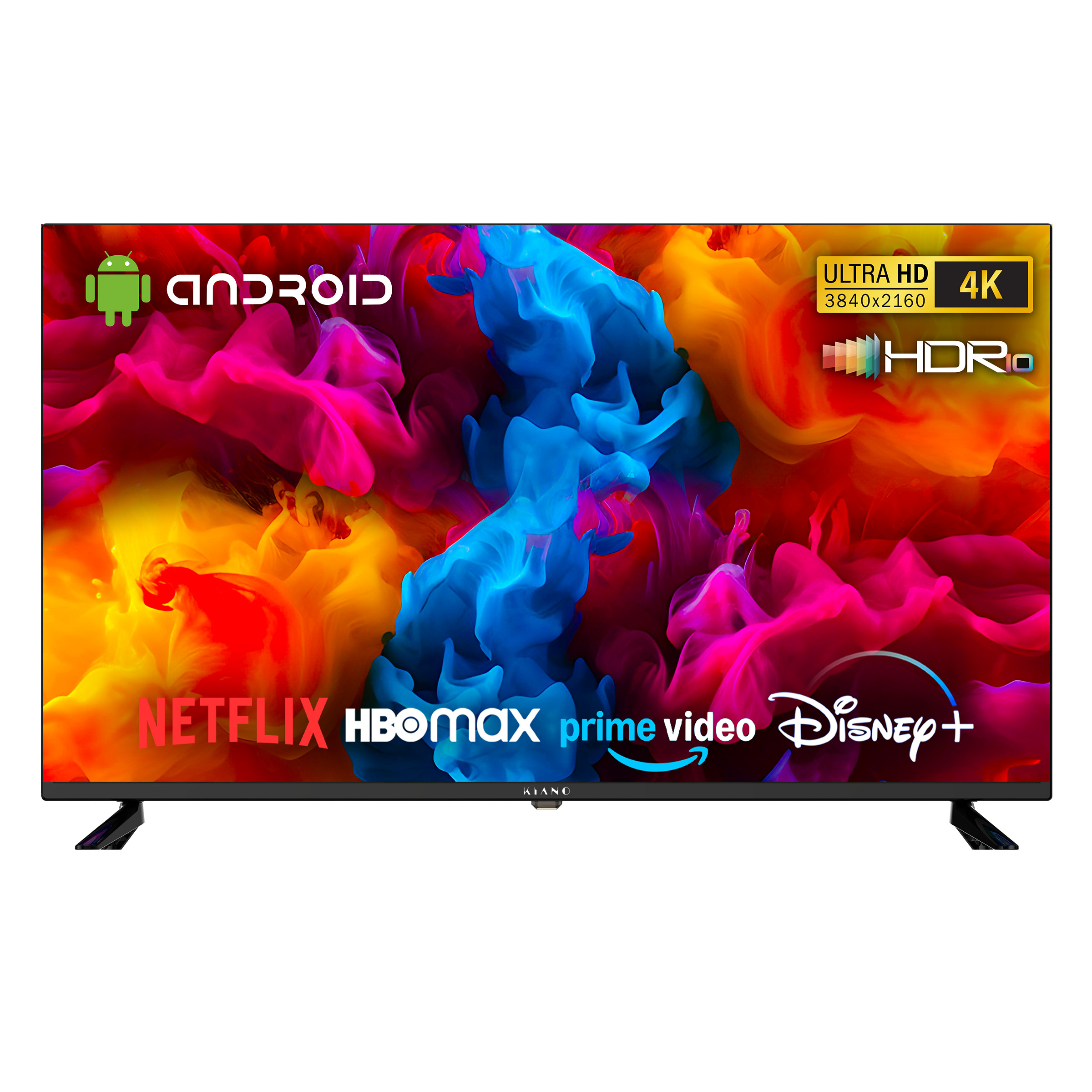 Nowoczesny telewizor z żywą grafiką abstrakcyjną, logo Android, 4K HDR i logotypami streamingu.