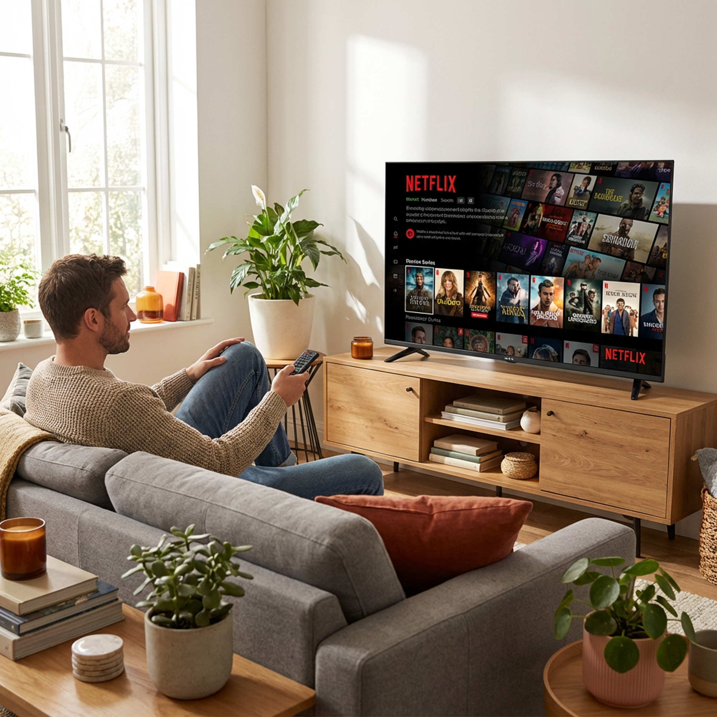 Mężczyzna siedzi na kanapie, trzyma pilot, ogląda Netflix w TV.