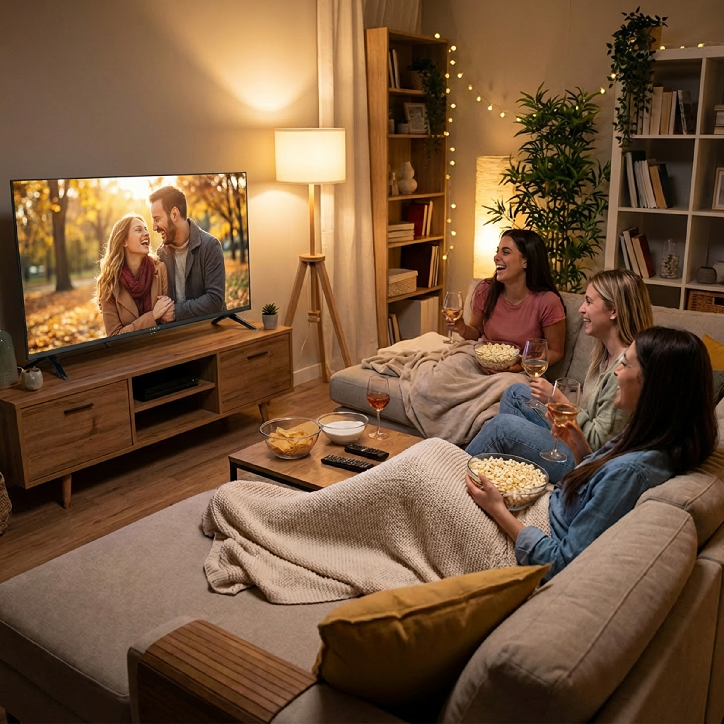 Cztery osoby oglądają telewizję, jedzą przekąski i piją wino.