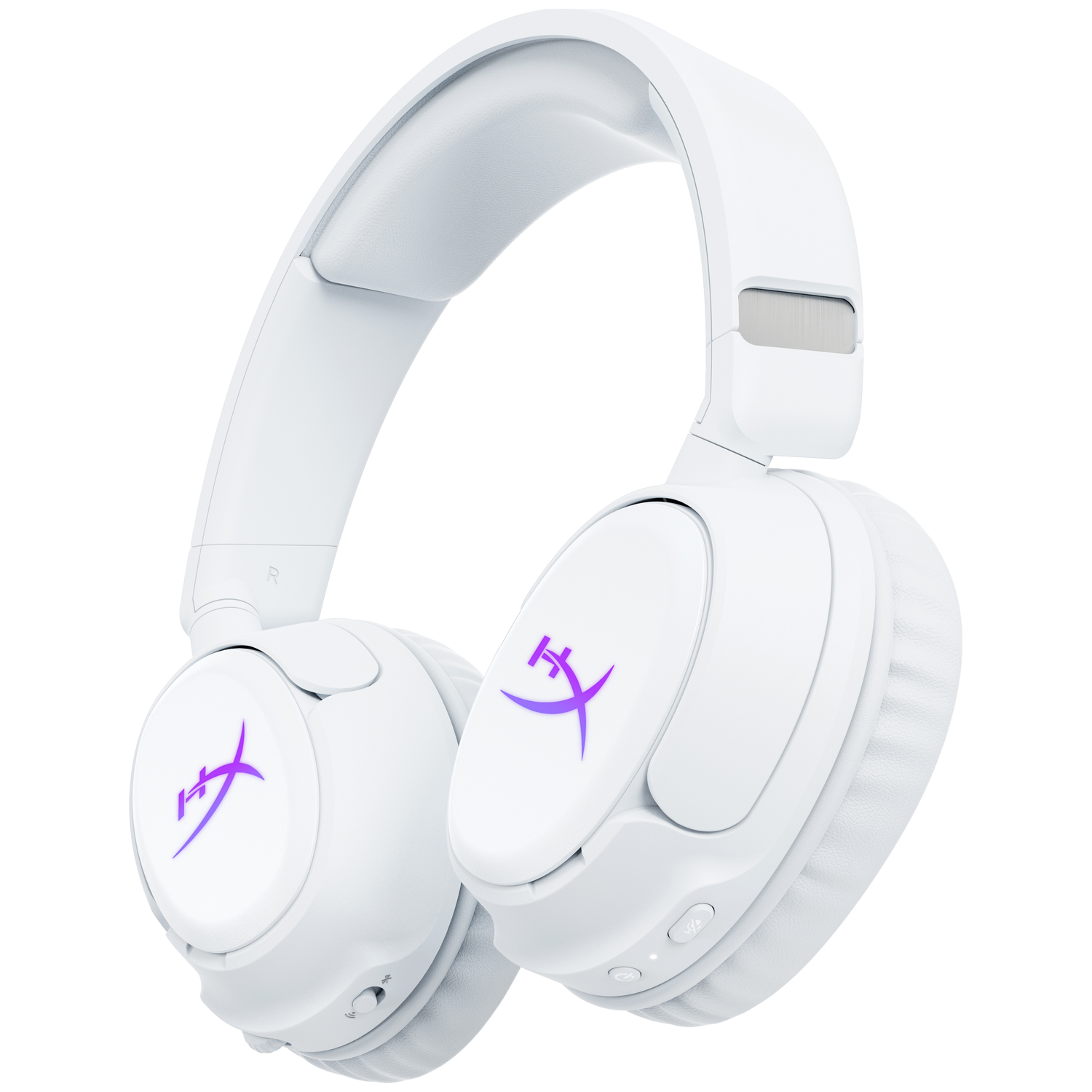 White wireless headphones with purple logo on earcups and silver accent on headband.