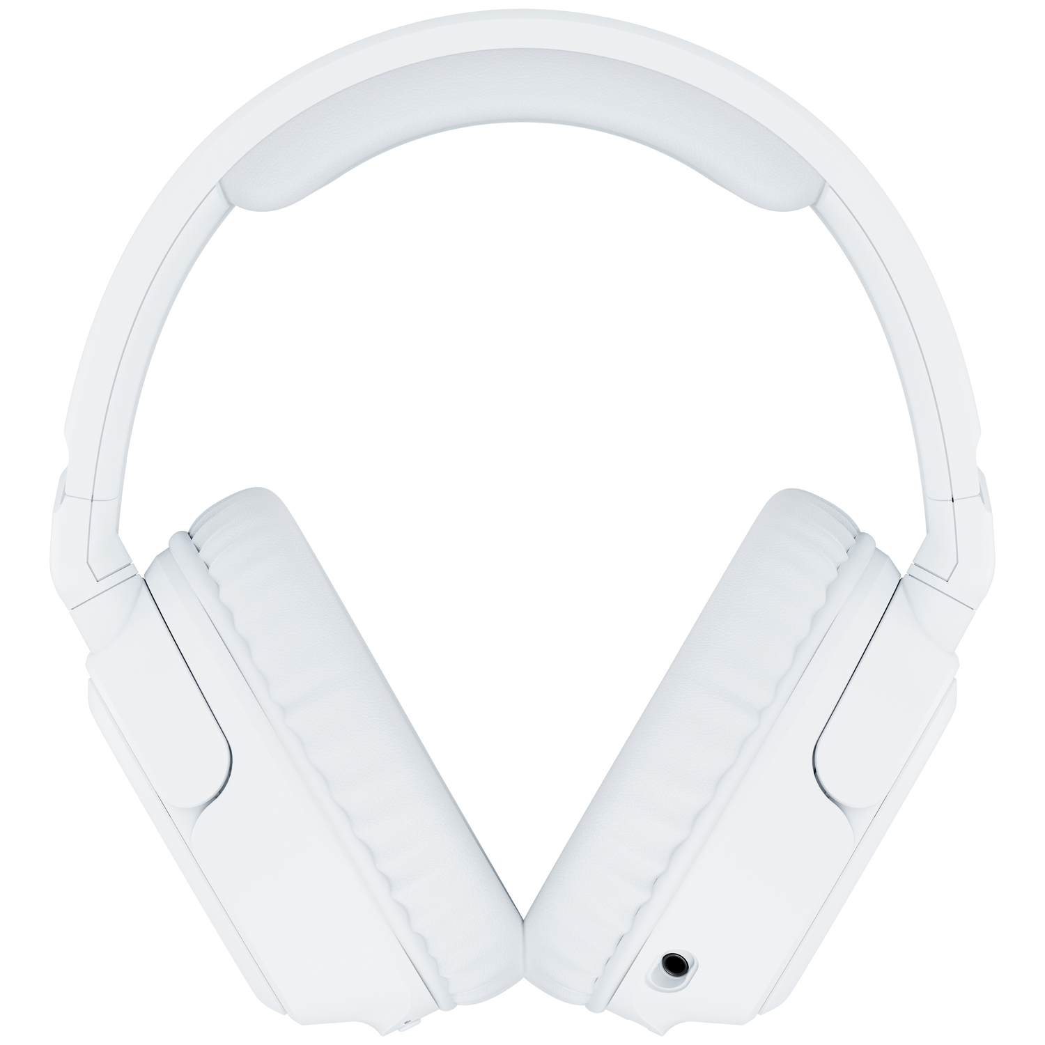 A pair of white over-ear headphones, isolated on a white background.
