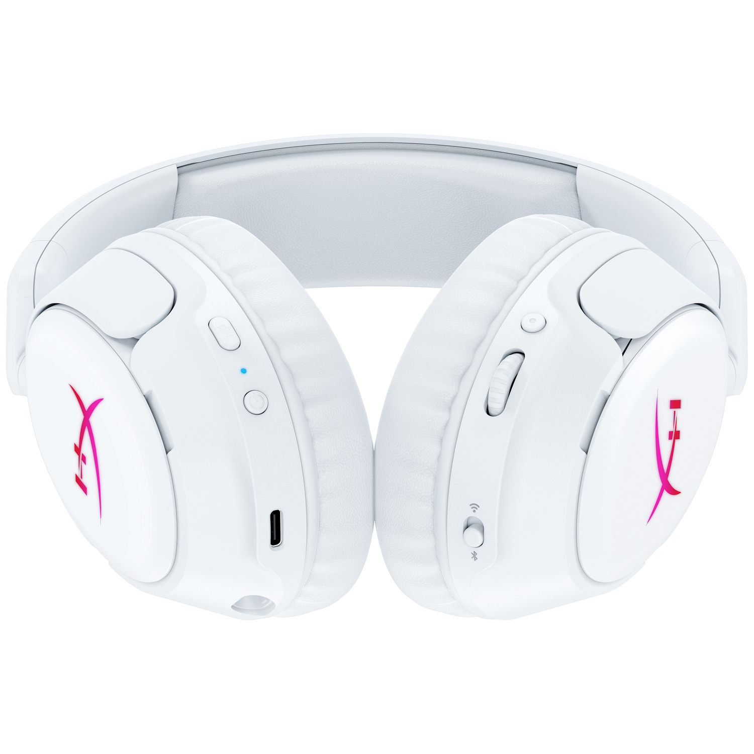 White wireless headphones with pink logo and controls.
