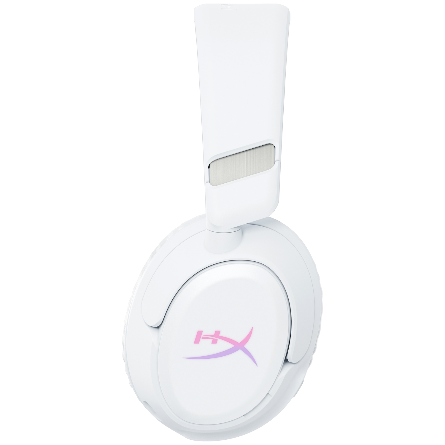 A white headset with a pink-purple logo on the earcup.