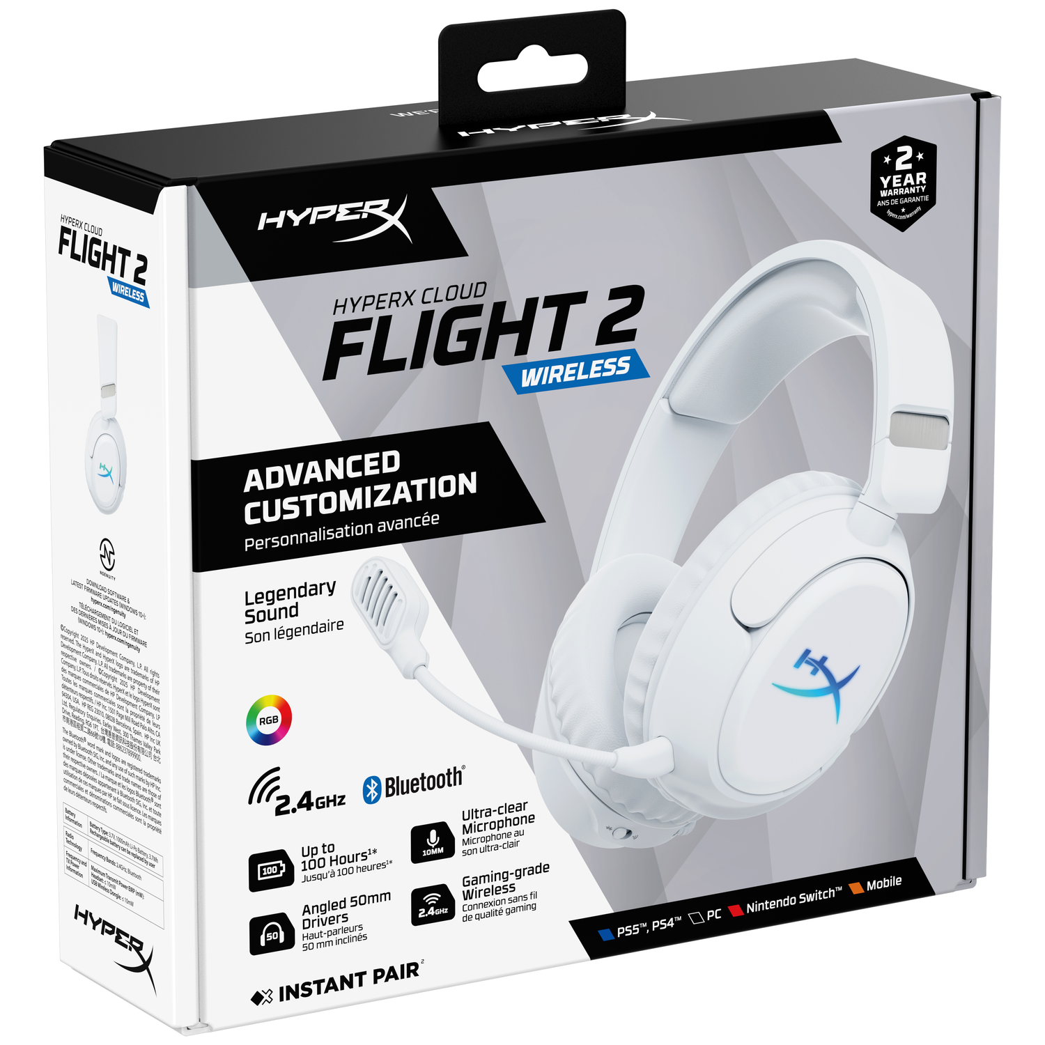 White gaming headset box featuring HyperX logo and product image.