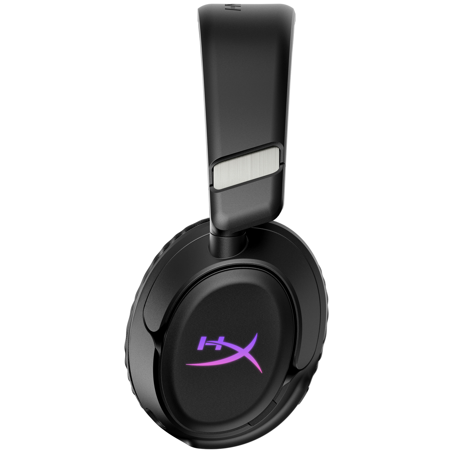 Black headset with purple logo on a white background.