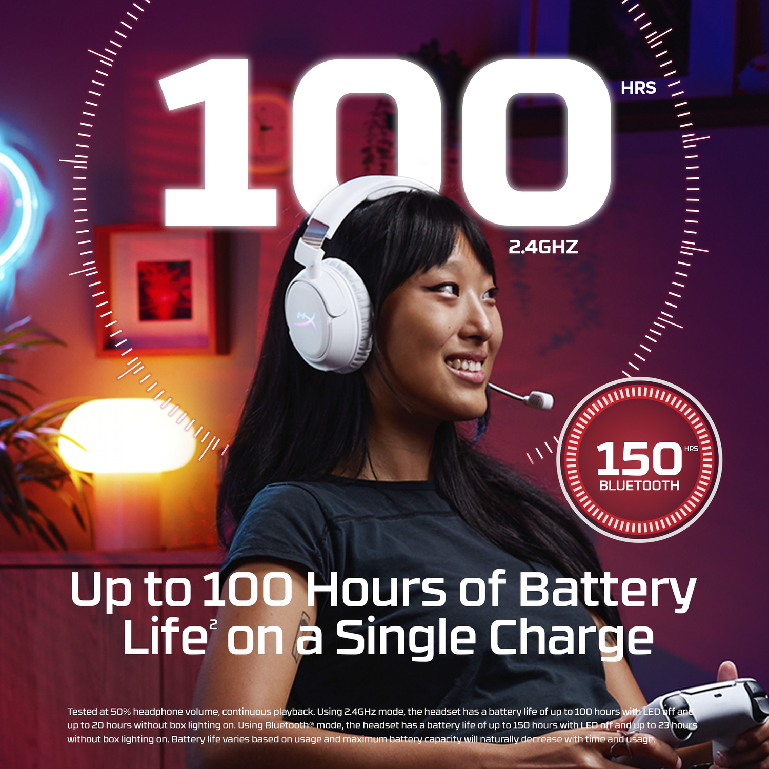 Woman with white headphones, highlighting 100 hours of battery life.